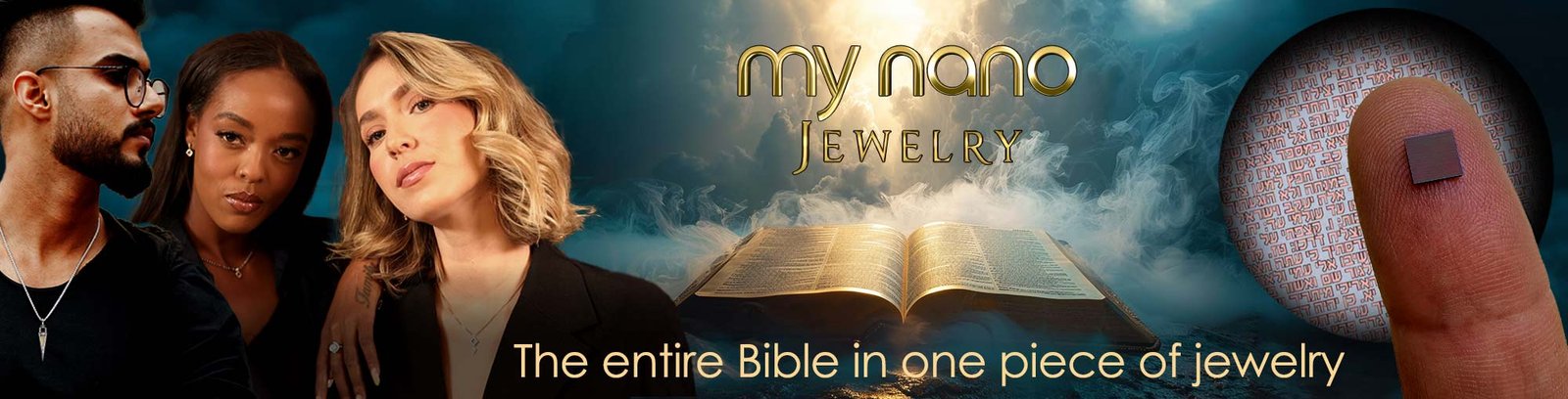 Religious Jewelry Store Banner Featuring Bible and Jewelry Models by My Nano Jewelry